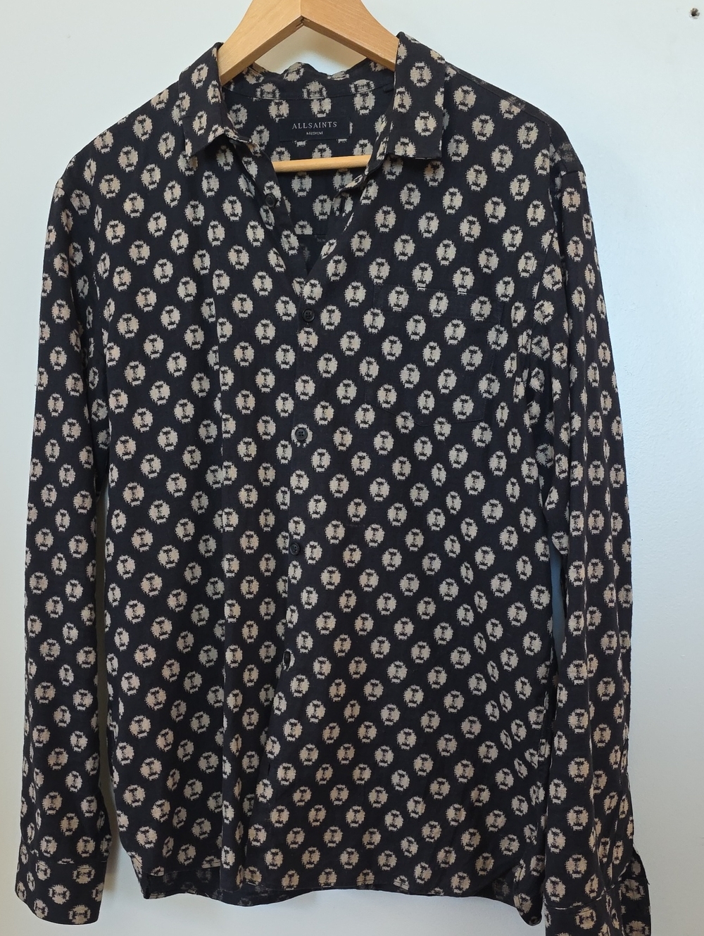 All Saints Black Linen Blend Button-Front Shirt with Pattern Print